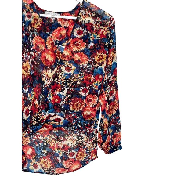 WAYF Sheer Floral Blouse XS Orange Blue Long Sleeve Boho Office Top - Picture 3 of 12